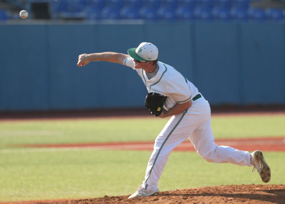 Wall High School's Nathan Pepper fires a pitch during the District 6-3A championship against Jim Ned at Angelo State University's Foster Field at 1st Community Credit Union Stadium on Monday, May 2, 2022.