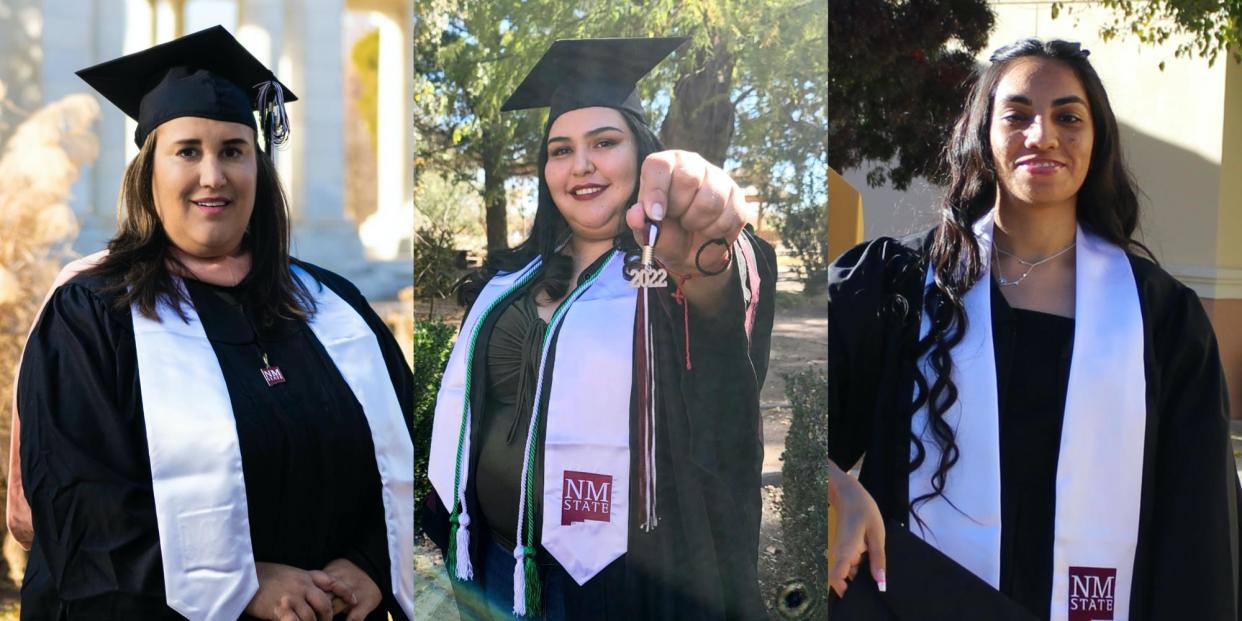 Jamie Rodriguez, from left, Yessica Marquina and Alondra Gonzalez will be among New Mexico State University’s class of fall 2022 graduates.