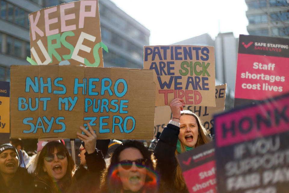 Nurses protest during a strike by NHS medical workers, amid a dispute with the government over pay, outside St Thomas' Hospital, in London, Britain, February 6, 2023. REUTERS/Peter Nicholls