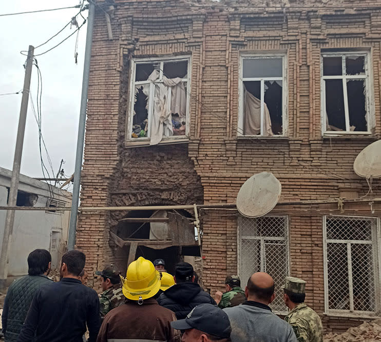 Aftermath of recent shelling during a military conflict over the breakaway region of Nagorno-Karabakh in the city of Ganja