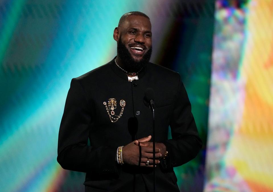 Professional NBA basketball player, LeBron James, of the Los Angeles Lakers, accepts the award for best record-breaking performance at the ESPY awards on Wednesday, July 12, 2023, at the Dolby Theatre in Los Angeles. (AP Photo/Mark Terrill)