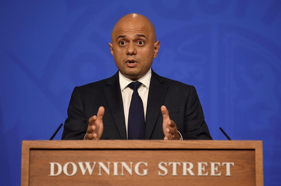 FILE - Britain's Health Secretary Sajid Javid speaks during a media briefing in Downing Street, London, Oct. 20, 2021. Revelations that Prime Minister Boris Johnson and his staff partied while Britain was in a coronavirus lockdown have provoked public outrage and led some members of his Conservative Party to consider ousting their leader. If they manage to push Johnson out — or if he resigns — the party would hold a leadership contest to choose his replacement. Javid, 52, has been health secretary since June, leading Britain’s response to the COVID-19 pandemic. (Toby Melville/Pool Photo via AP, File)