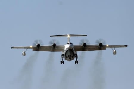 China's domestically developed AG600, the world's largest amphibious aircraft, is seen during its maiden flight in Zhuhai, Guangdong province, China December 24, 2017. REUTERS/Stringer