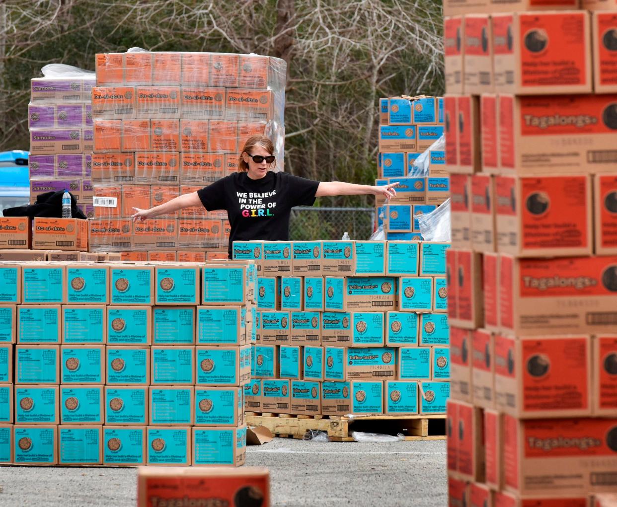 Girl Scout cookies await pickup on Jacksonville's Southside in 2018. That year, about 700,000 boxes were delivered to six Gateway Council distribution areas for pickup by troop leaders and volunteers.