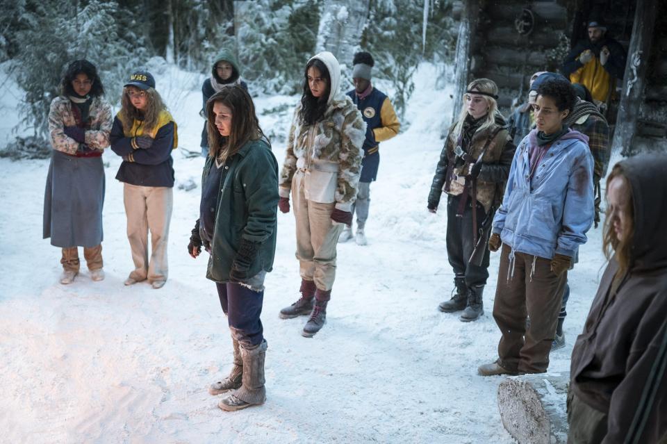 Nuha Jes Izman, Samantha Hanratty, Alexa Barajas, Sophie Nélisse, Courtney Eaton, Nia Sondaya, Sophie Thatcher, Jasmin Savoy Brown, Steven Krueger, and Liv Hewson in 'Yellowjackets'