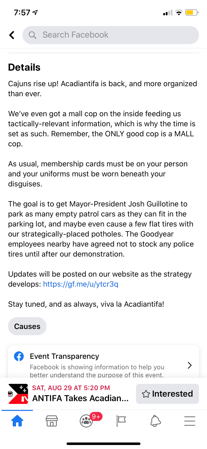 A Facebook event, organized by John Merrifield, claimed that ANTIFA was ready to protest at Acadiana Mall. Merrifield said the fake event was designed to show the Lafayette Police Department quickly responds when "wealthy white sensibilities are affected."