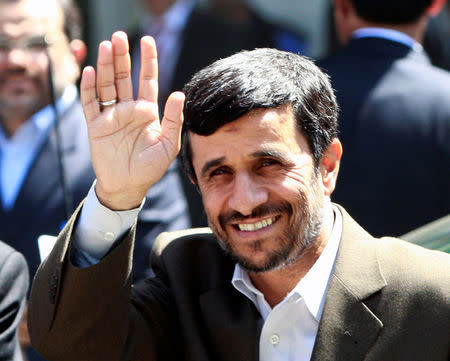 FILE PHOTO: Iranian President Mahmoud Ahmadinejad waves as he arrives for Friday prayers at the 16th century Ottoman era Blue Mosque on his second day of his visit in Istanbul, August 15, 2008. REUTERS/Fatih Saribas/File Photo