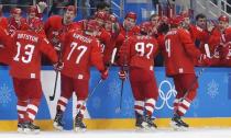 Ice Hockey - Pyeongchang 2018 Winter Olympics - Men's Final Match - Russia - Germany - Gangneung Hockey Centre, Gangneung, South Korea - February 25, 2018 - The Russian team reacts. REUTERS/Kim Kyung-Hoon