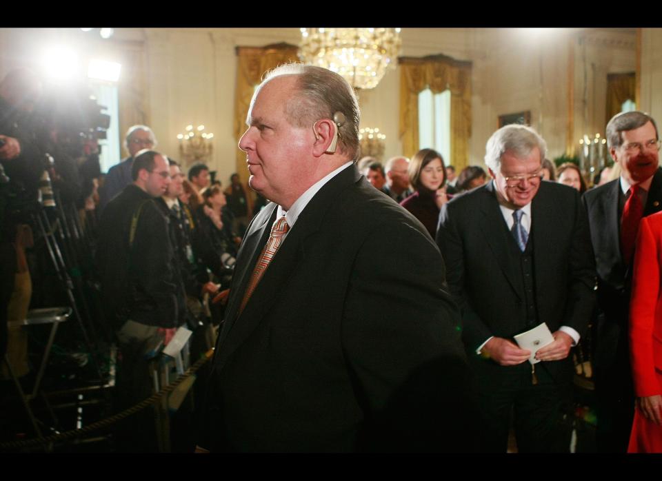 WASHINGTON - JANUARY 13: Radio talk show host Rush Limbaugh attends a Medal of Freedom ceremony at the White House January 13, 2009 in Washington DC. During the ceremony U.S. President George W. Bush presented the Medal of Freedom to former British Prime Minister Tony Blair,  former Australian Prime Minister John Howard and Colombian President Alvaro Uribe.  (Photo by Mark Wilson/Getty Images)