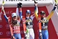 Mar 18, 2017; Aspen, CO, USA; Mikaela Shiffrin of the United States. Petra Vlhova of Slovakia and Frida Hansdotter of Sweden after the women's slalom alpine skiing race in the 2017 Audi FIS World Cup Finals at Aspen Mountain. Mandatory Credit: Michael Madrid-USA TODAY Sports