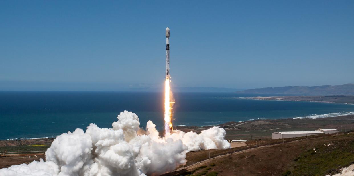  A SpaceX Falcon 9 rocket launches 51 of the company's Starlink internet satellites from Vandenberg Space Force Base in California on May 10, 2023. 