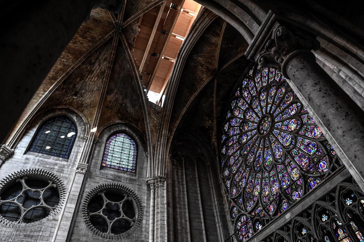 The rose window is pictured during preliminary work in the Notre Dame Cathedral three months after a major fire July 17, 2019 in Paris. (Photo: Stephane de Sakutin/Pool via AP)