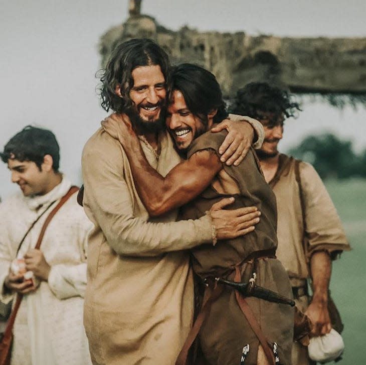 Jesus, left, and Simon Peter share a happy moment in “The Chosen” TV series. Jesus is portrayed by Jonathan Roumie, and Shahar Isaac plays Peter.