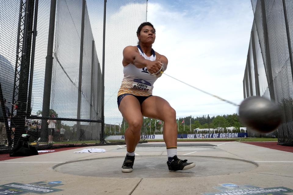 Camyrn Rogers of California wins the women's hammer in a collegiate record 254-10 (77.67m) during the NCAA Track and Field Championships at Hayward Field.