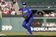 Los Angeles Dodgers' Corey Seager throws to first base on a double play hit into by San Francisco Giants' Brandon Belt during the fourth inning of a baseball game in San Francisco, Sunday, Sept. 5, 2021. (AP Photo/Jeff Chiu)