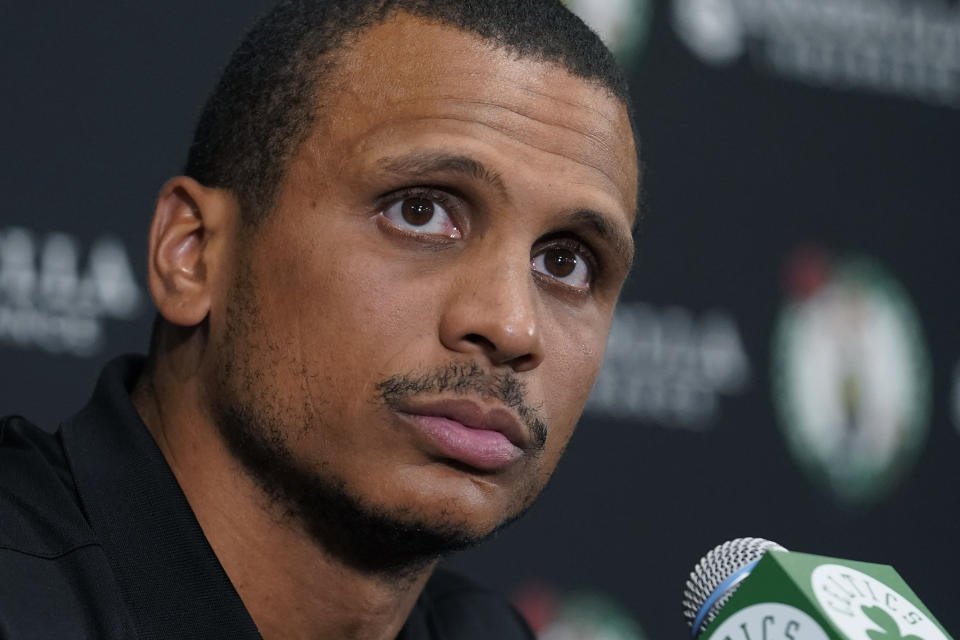 Boston Celtics interim coach Joe Mazzulla faces reporters photo during the NBA basketball team's Media Day, Monday, Sept. 26, 2022, in Canton, Mass. (AP Photo/Steven Senne)