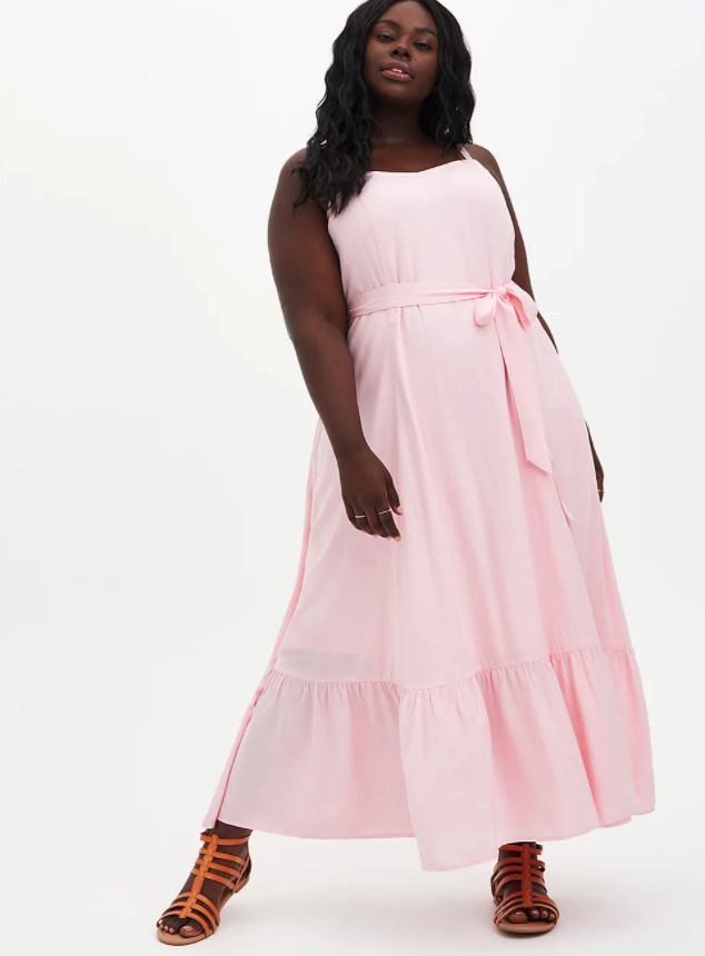 Light Pink Gauze Tiered Maxi Dress. Image via Torrid.