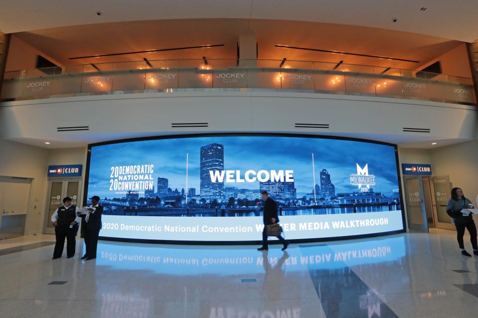 A member of the media makes his way to events of the 2020 Democratic National Convention winter media walk-through at Fiserv Forum in Milwaukee on Jan. 7.