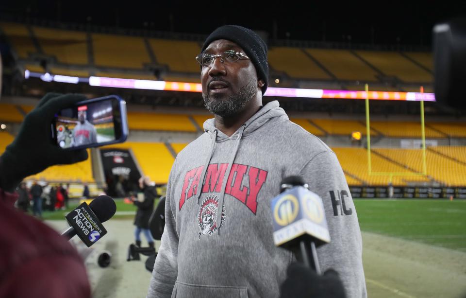 Aliquippa head coach Mike Warfield talks to the media after the Quips defeated the Tigers 35-21 in the WPIAL 4A Championship game Friday evening at Acrisure Stadium in Pittsburgh, PA.