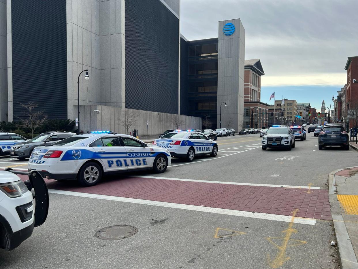 The scene on North Main Street shortly before noon Thursday.