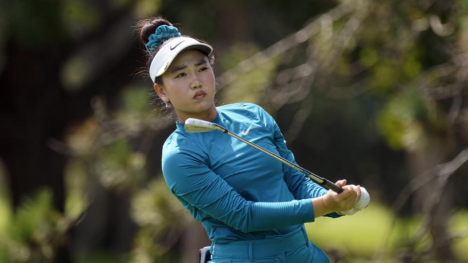 Lucy Li watches her tee shot on the second hole during the second round of the Dana Classic LPGA golf tournament Friday, Sept. 2, 2022, at the Highland Meadows Golf Club in Sylvania, Ohio. (AP Photo/Gene J. Puskar)