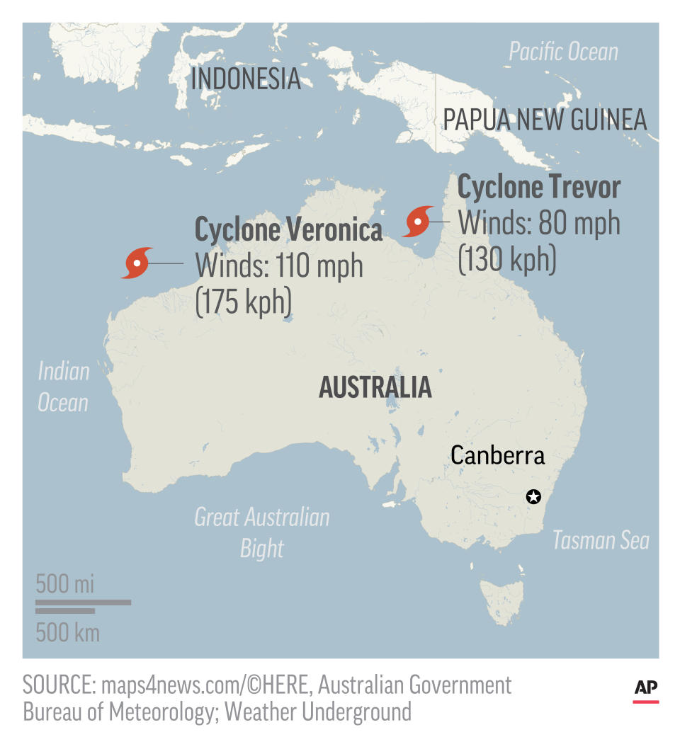 Map locates Cyclones Veronica and Trevor near Australia; 2c x 3 1/2 inches; 96.3 mm x 88 mm;