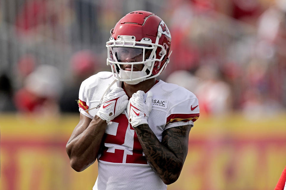 Kansas City Chiefs cornerback Trent McDuffie waits to participate in a drill during NFL football training camp Sunday, Aug. 7, 2022, in St. Joseph, Mo. (AP Photo/Charlie Riedel)