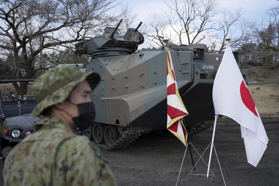 The Assault Amphibious Vehicle Personnel 7(AVV7) of the Japanese Ground Self-Defense Forces (JGSDF) is displayed during a joint military drill between the Japan Ground Self-Defense Force (JGSDF) and the U.S. Marines at the Higashi Fuji range in Gotemba, southwest of Tokyo, Tuesday, March 15, 2022. (AP Photo/Eugene Hoshiko)