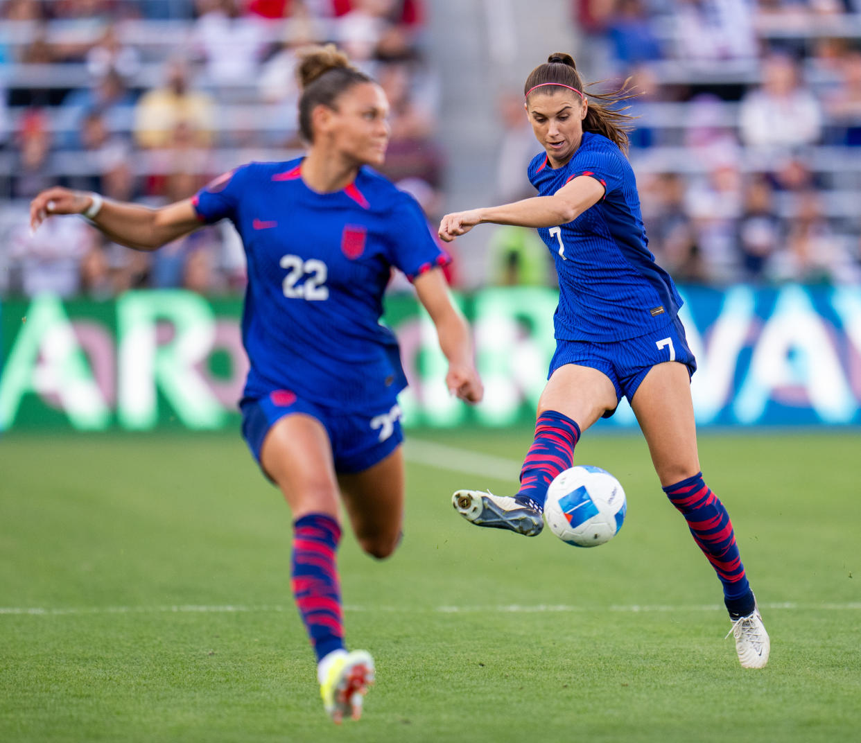 SAN DIEGO, CA - MARCH 10: Alex Morgan #7 of the United States passes the ball forward during the 2024 Concacaf W Gold Cup Final between Brazil and the United States at Snapdragon Stadium on March 10, 2024 in San Diego, California. (Photo by Brad Smith/ISI Photos/USSF/Getty Images for USSF)