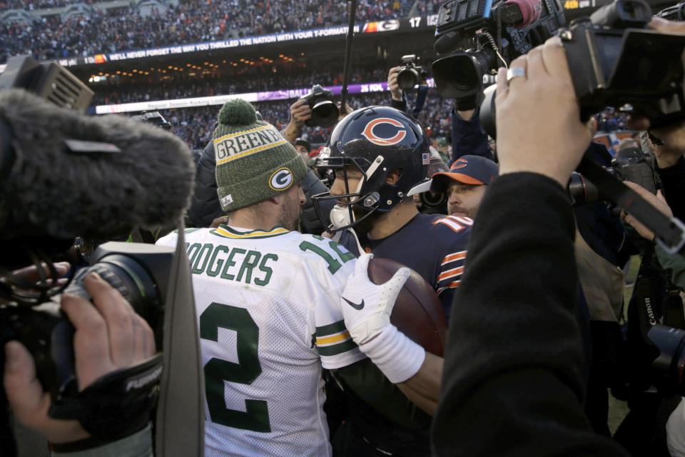 Packers QB Aaron Rodgers (12) and Bears QB Mitchell Trubisky greet each other after the Bears won at Soldier Field, 24-17. (AP Photo)