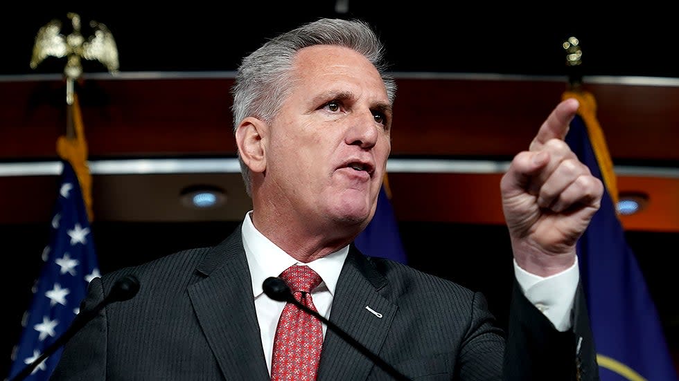 Minority Leader Kevin McCarthy (D-Calif.) answers a question during his weekly press conference on Thursday, November 18, 2021.