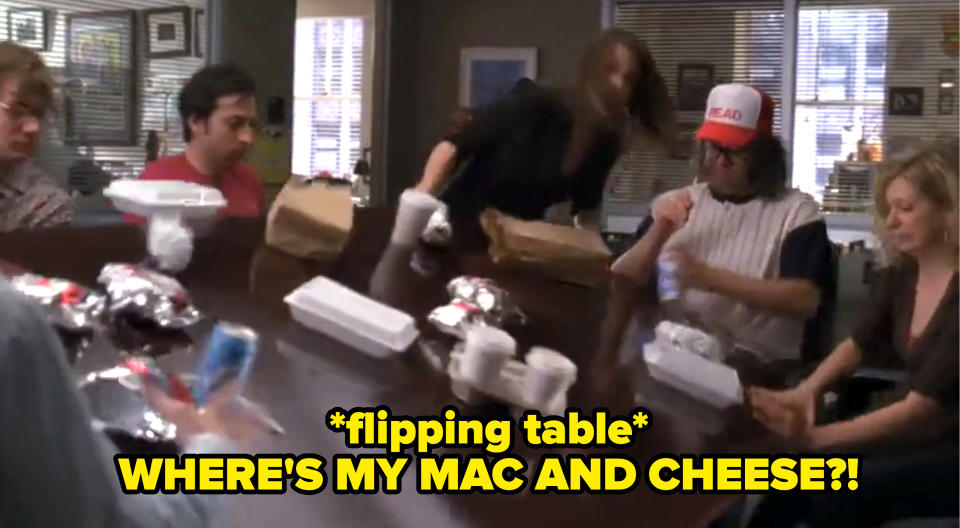person flipping the table and saying, where's my mac and cheese