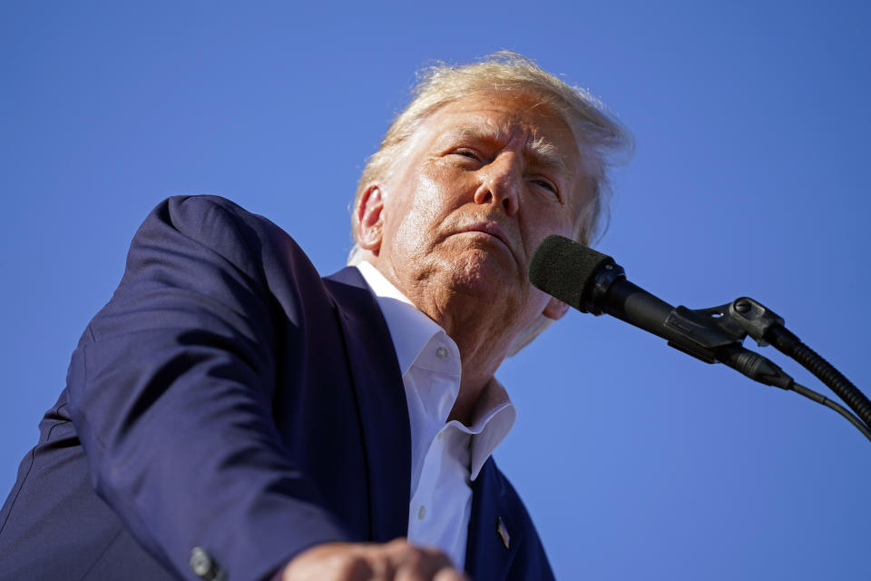 Former President Donald Trump speaks at a campaign rally at Waco Regional Airport, Saturday, March 25, 2023, in Waco, Texas. (AP Photo/Evan Vucci)