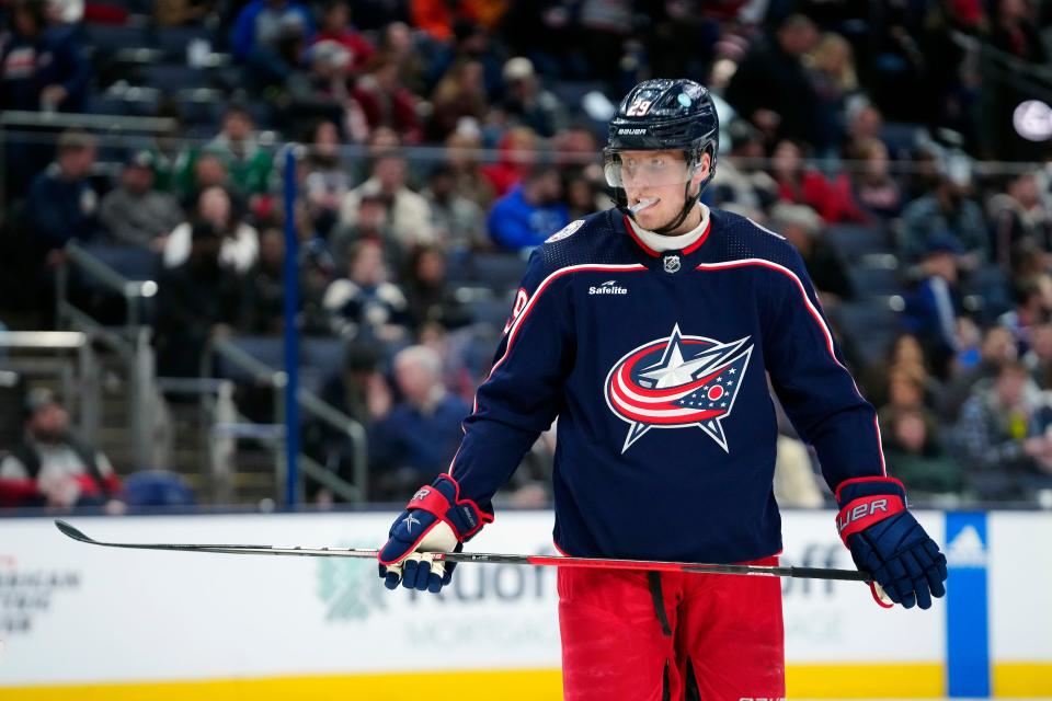 Dec 19, 2022; Columbus, Ohio, USA; Columbus Blue Jackets left wing Patrik Laine (29) waits for the puck drop against Dallas Stars during the second period of their NHL game at Nationwide Arena.