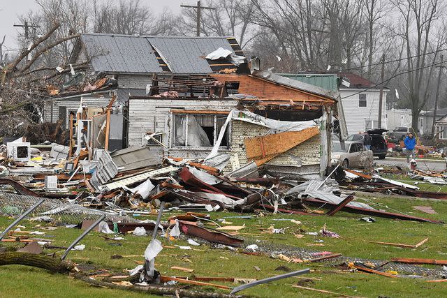 <p>AP Photo/Timothy D. Easley</p> Remains of a house that was destroyed following a severe storm in Lakeview, Ohio on March 15