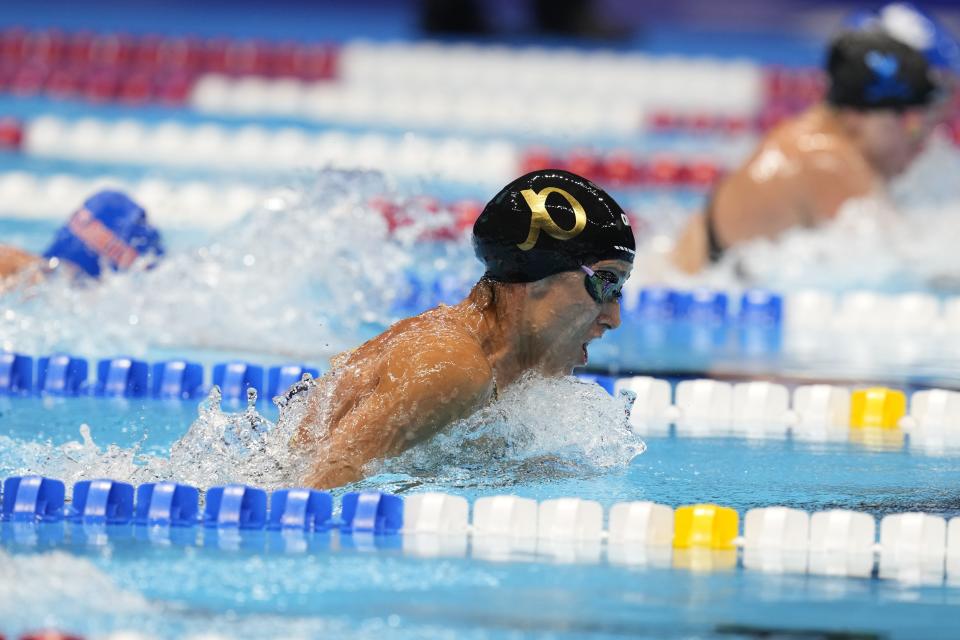 Gabrielle Rose swims during the Women's 100 breaststroke preliminary heat Sunday, June 16, 2024, at the US Swimming Olympic Trials in Indianapolis. (AP Photo/Michael Conroy)