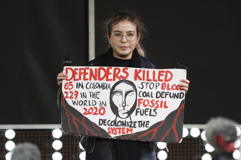 Colombian climate activist Sofía Gutiérrez on stage after a march through the streets of Glasgow, Scotland, Friday, Nov. 5, 2021 which is the host city of the COP26 U.N. Climate Summit. The protest was taking place as leaders and activists from around the world were gathering in Scotland's biggest city for the U.N. climate summit, to lay out their vision for addressing the common challenge of global warming. (AP Photo/Jon Super)