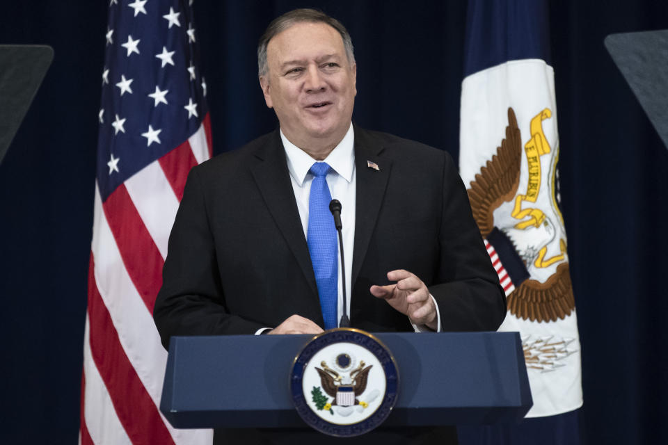 Secretary of State Mike Pompeo delivers remarks on human rights in Iran at the State Department in Washington, Thursday, Dec. 19, 2019. (AP Photo/Matt Rourke)