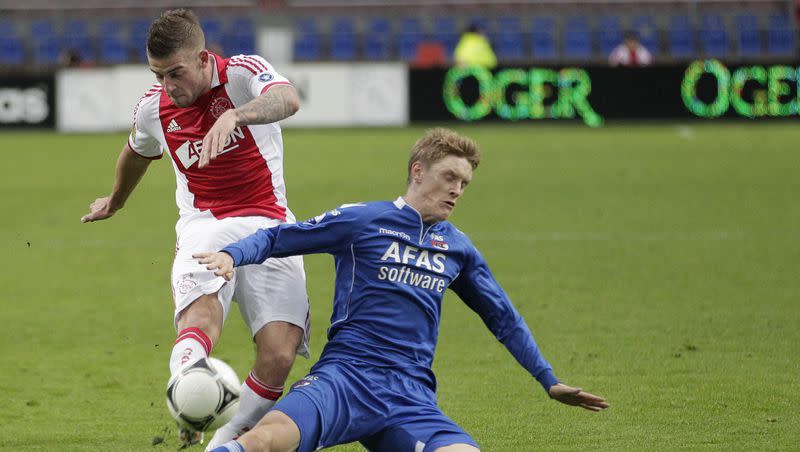 Swedish Rasmus Elm of AZ Alkmaar, right, blocks Ajax player Toby Alderweireld's shot on goal during the replay of the soccer match Ajax against AZ Alkmaar at ArenA stadium in Amsterdam, Netherlands, Thursday, Jan.  19, 2012. Antisemitism is on the rise across Europe, experts say.