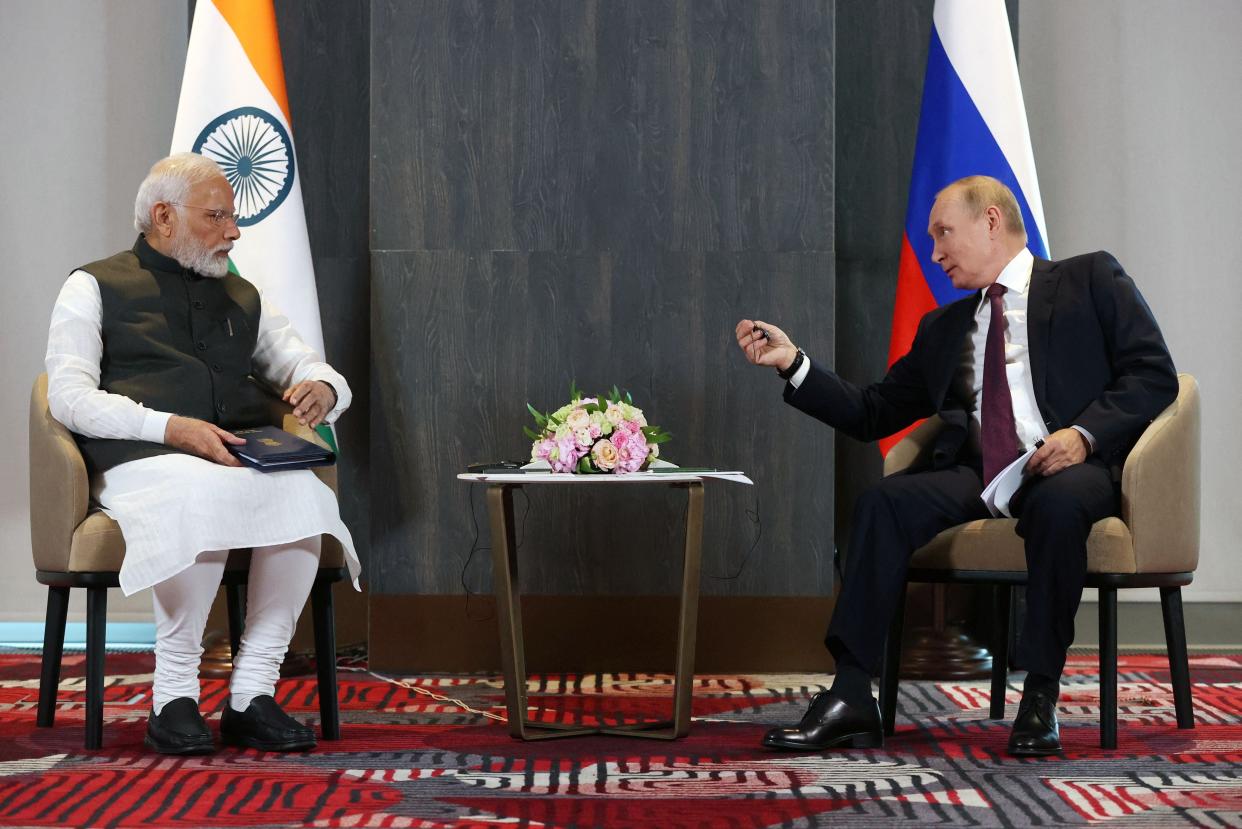 Russian President Vladimir Putin meets with India’s Prime Minister Narendra Modi on the sidelines of the Shanghai Cooperation Organisation in 2022 (SPUTNIK/AFP via Getty Images)