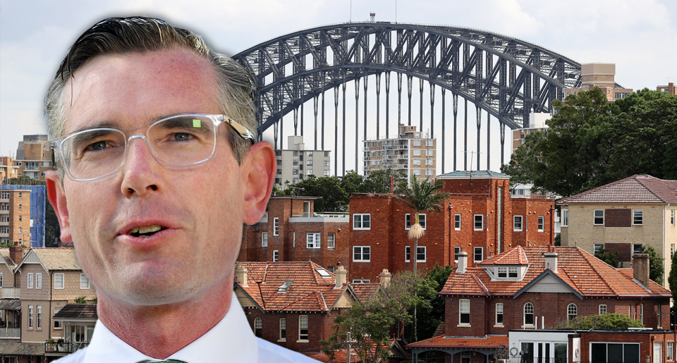 A composite image of NSW Premier Dominic Perrottet and Australian property in the background to represent rental changes.