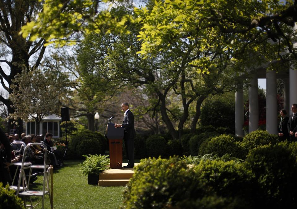 President Barack Obama speaks in the Rose Garden of the White House in Washington, Thursday, March 29, 2012, to urge Congress to eliminate tax breaks for oil and gas companies. (AP Photo/Pablo Martinez Monsivais)