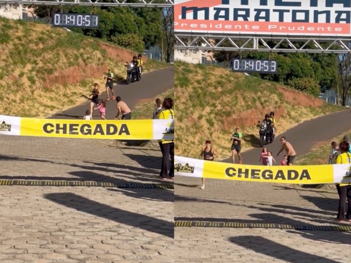 Father ‘sabotages’ wife’s marathon by distracting her with their children at the finish line (TikTok / @sinomar_reporter)