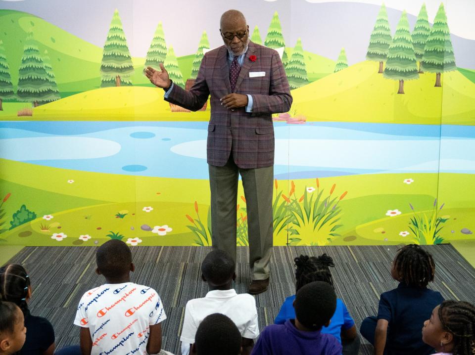 Robert Churchwell Jr. introduces a guest from the Tennessee State Museum to a second grade class at Robert Churchwell Museum Magnet Elementary School on Sept. 15.