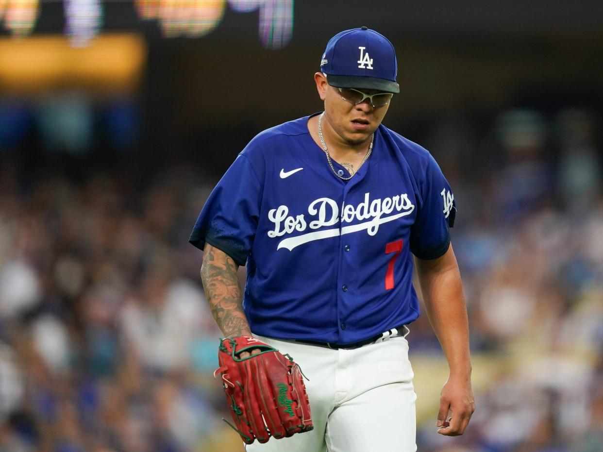 Los Angeles Dodgers pitcher Julio Urias on the field
