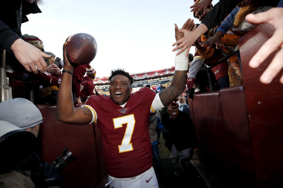 Washington quarterback Dwayne Haskins celebrates his first win as an NFL starter. (AP/Alex Brandon)