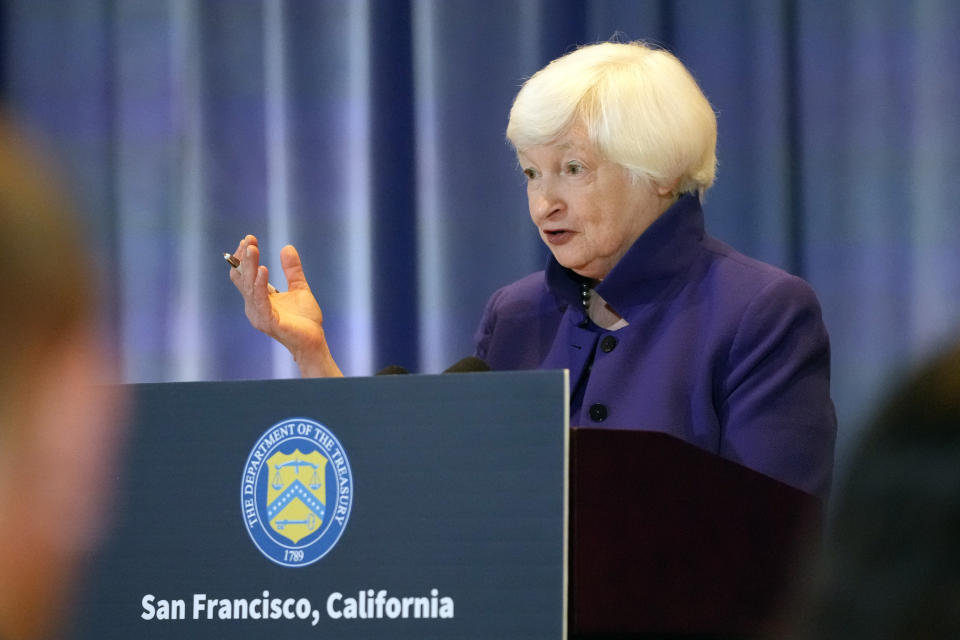 Treasury Secretary Janet Yellen speaks during a press conference after meetings with Chinese Vice Premier He Lifeng, Friday, Nov. 10, 2023, in San Francisco. Yellen and Lifeng met on Thursday in the San Francisco, the latest in a string of senior level engagements between the nations in recent months aimed at easing tensions. (AP Photo/Eric Risberg)