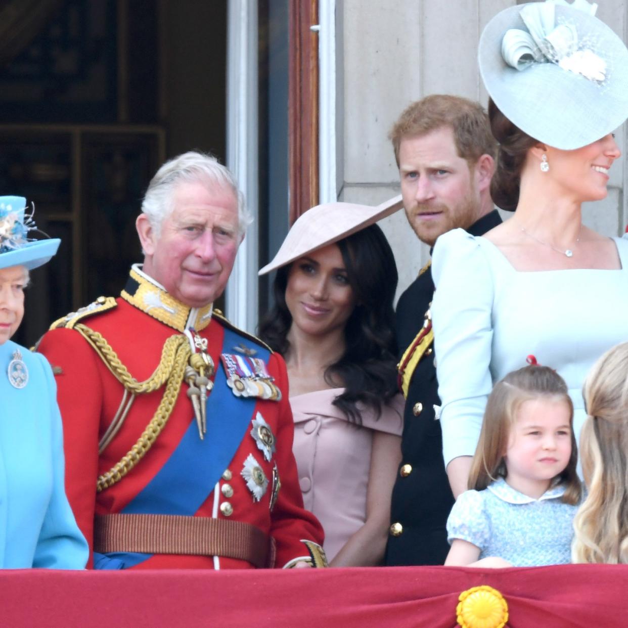  Queen Elizabeth II, Prince Charles, Prince of Wales, Meghan, Duchess of Sussex, Prince Harry, Duke of Sussex, Catherine, Duchess of Cambridge and Princess Charlotte of Cambridge on the balcony of Buckingham Palace during Trooping The Colour 2018 at The Mall on June 9, 2018 in London, England. The annual ceremony involving over 1400 guardsmen and cavalry, is believed to have first been performed during the reign of King Charles II. The parade marks the official birthday of the Sovereign, even though the Queen's actual birthday is on April 21st. 