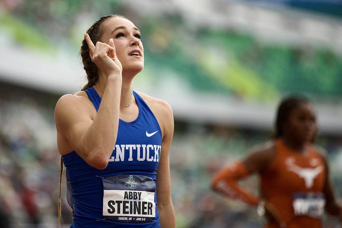 Kentucky’s Abby Steiner was first in the 200 meters, third in the 100, and was part of the team’s gold medal-winning squad in the 4-by-400 relay and silver medal-winning 4-by-100 relay at the NCAA Outdoor Track and Field Championships last June.
