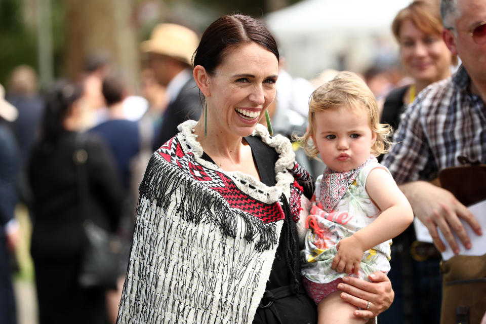  New Zealand Prime Minister Jacinda Ardern (L) and her daughter Neve Gayford at the upper Treaty grounds at Waitangi on February 04, 2020 in Waitangi, New Zealand. The Waitangi Day national holiday celebrates the signing of the treaty of Waitangi on February 6, 1840 by Maori chiefs and the British Crown, that granted the Maori people the rights of British Citizens and ownership of their lands and other properties. (Photo by Fiona Goodall/Getty Images)